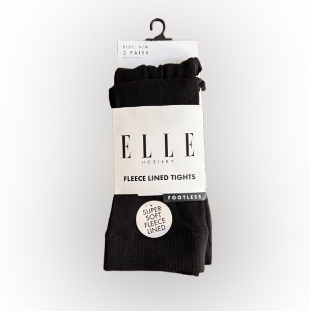 NWT ELLE Hosiery Black Fleece Lined Tights, Footless, 2 Pairs, Size S/M